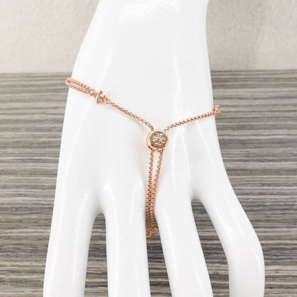 Tory Burch Logo Pearl Slider Adjustable Bracelet Rose Gold OS - Picture 7 of 12